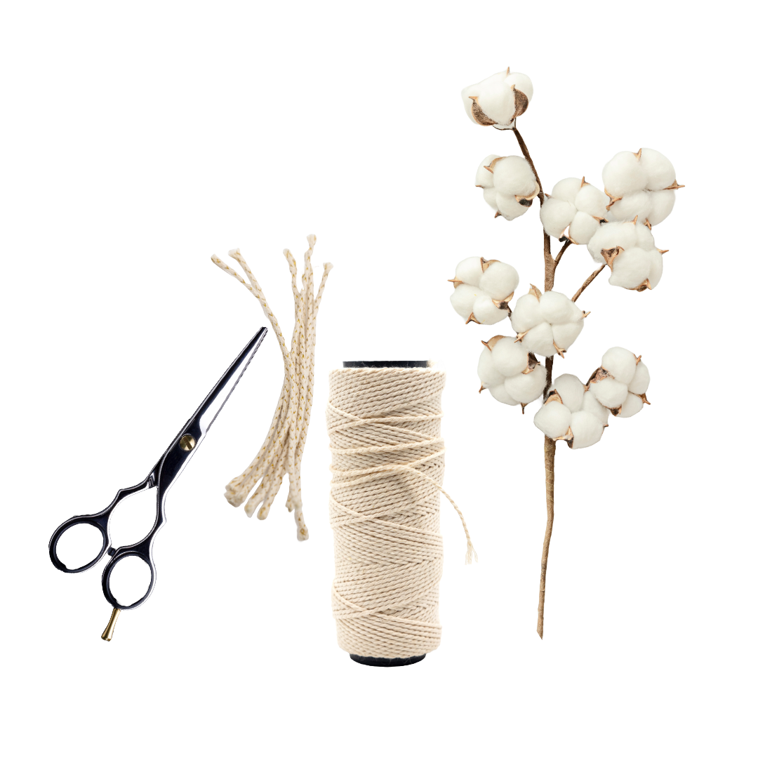 Image featuring cotton wicks, including a spool of cotton wicks, natural cotton fibers, and a delicate pair of scissors. The image highlights the materials used in crafting Kalmyen's candles, ensuring a clean and eco-friendly burning experience