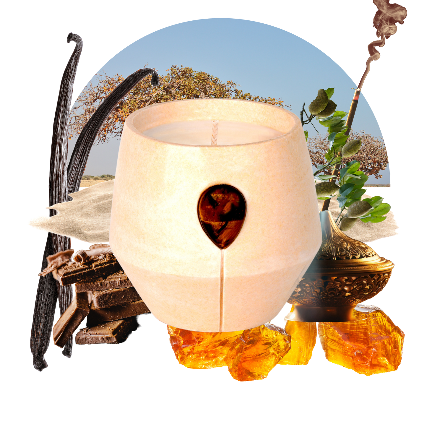 Image of Luna Amber Oro candle with its scent collage at the back - the text reads: Discover the fusion of Myrrh and Frankincense with Tigers Eye in our 24k gold-speckled vessel. This scent creates a rich, inviting aroma for a positive, confidence-boosting, well-balanced space.