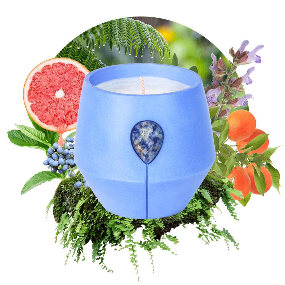 Image of Luna Petrichor candle with its scent collage at the back - the text reads: Embark on a journey with Spearmint, Cedarwood, the soothing energy of Blue Spot Jasper in our calming blue vessel. Evoking the deep forest, this invigorating scent is designed to uplift your space