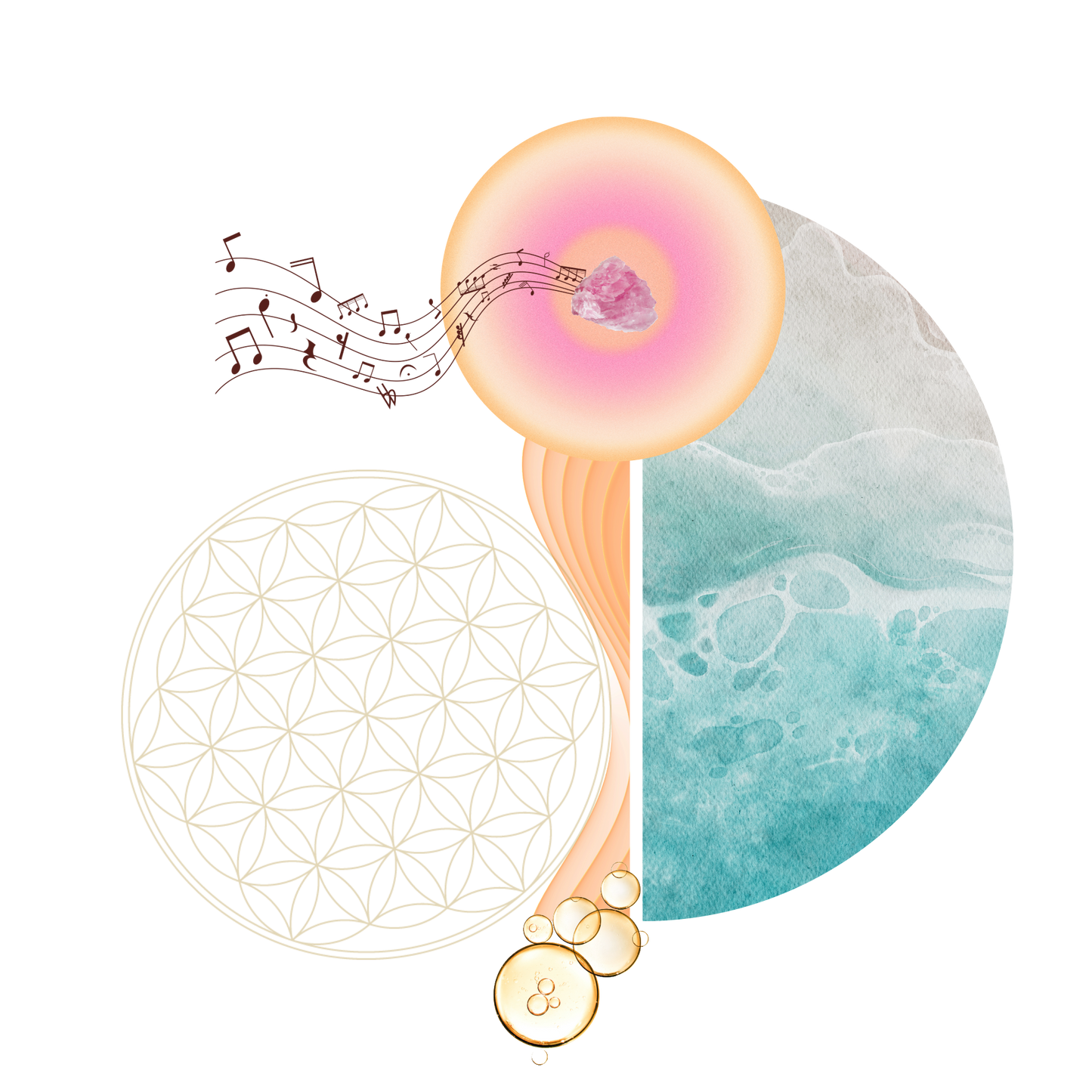 An image that depicts healing through scent using musical notes, the flower of life and drops of essential oils encompassed with waves of sound and the ocean showing the intrinsic nature of connectedness of Kalmyen materials in their production. 