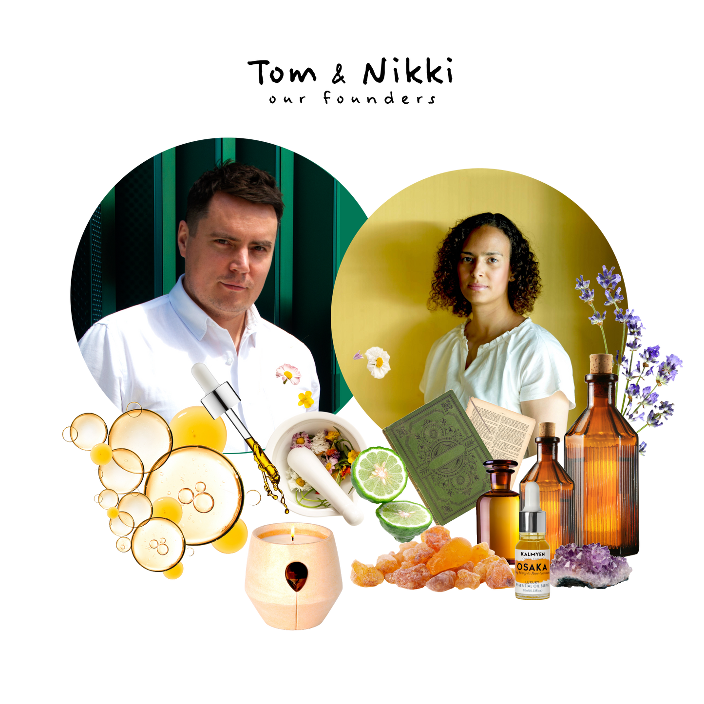 An image depicting the founders of Kalmyen Tom & Nikki surrounded by the elements that drew them to create Kalmyen, vials of antique essential oil bottles, their sacred essential oil book and natural ingredients that are used to create their products. 