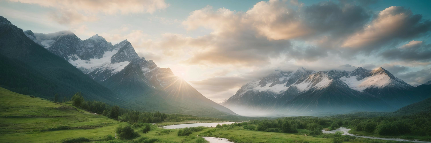 Landscape scene featuring snowy mountains in the distance with the sun peeking behind them. The sky is blue, and green pastures with a flowing river are in the foreground - with the quote "Light your Light within"