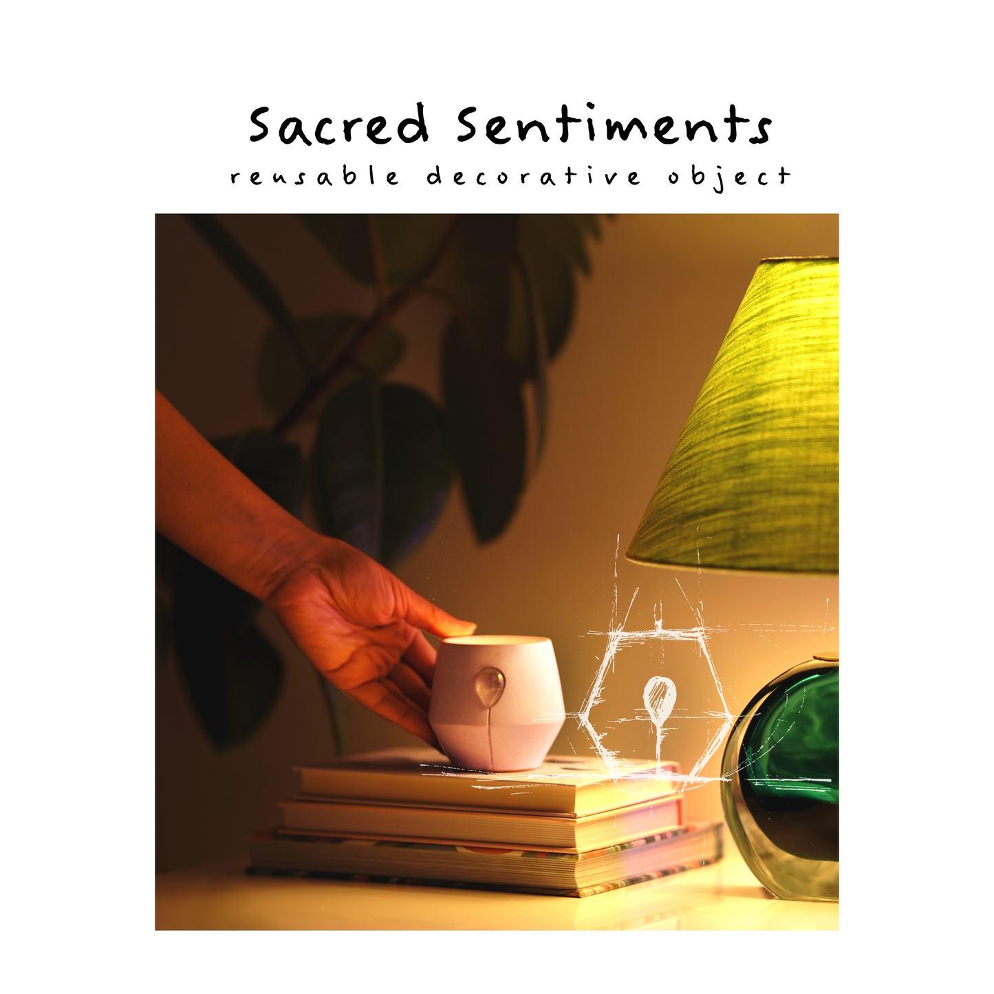 image of nikki's hand reached out to cradle a luna candle jar that sits on a stack of books with an ambient light from a lamp on the right side of the image, the image is coloured in hues of lilac and greens. 