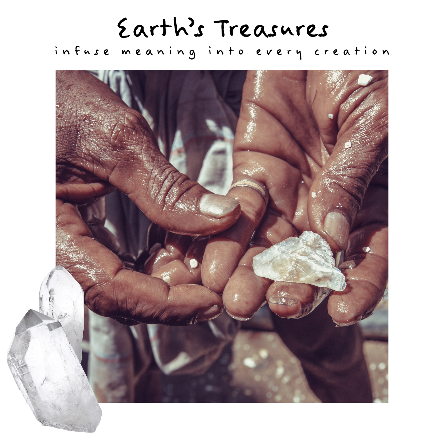 image of a miners hands holding a wet crystal that has just been dug out of the land.