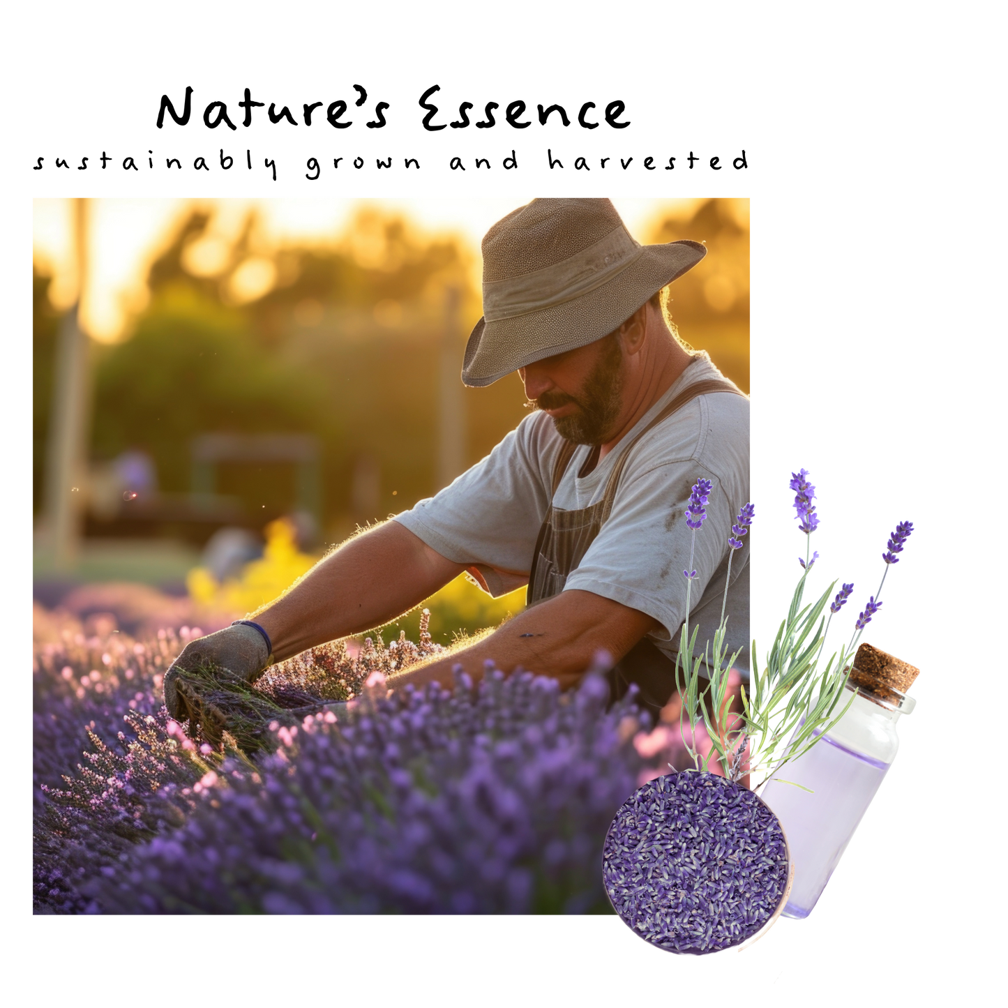 image of a farmer harvesting wild lavender in the summer sun with hues of sunlight bathed in the background. 